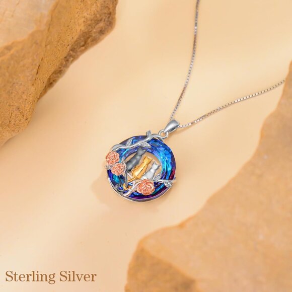 Sterling Silver 3 Cat Necklace Rose Flower Blue Crystal  Sterling Silver 3 Cat Necklace Rose Flower Blue Crystal Jewelry for Women